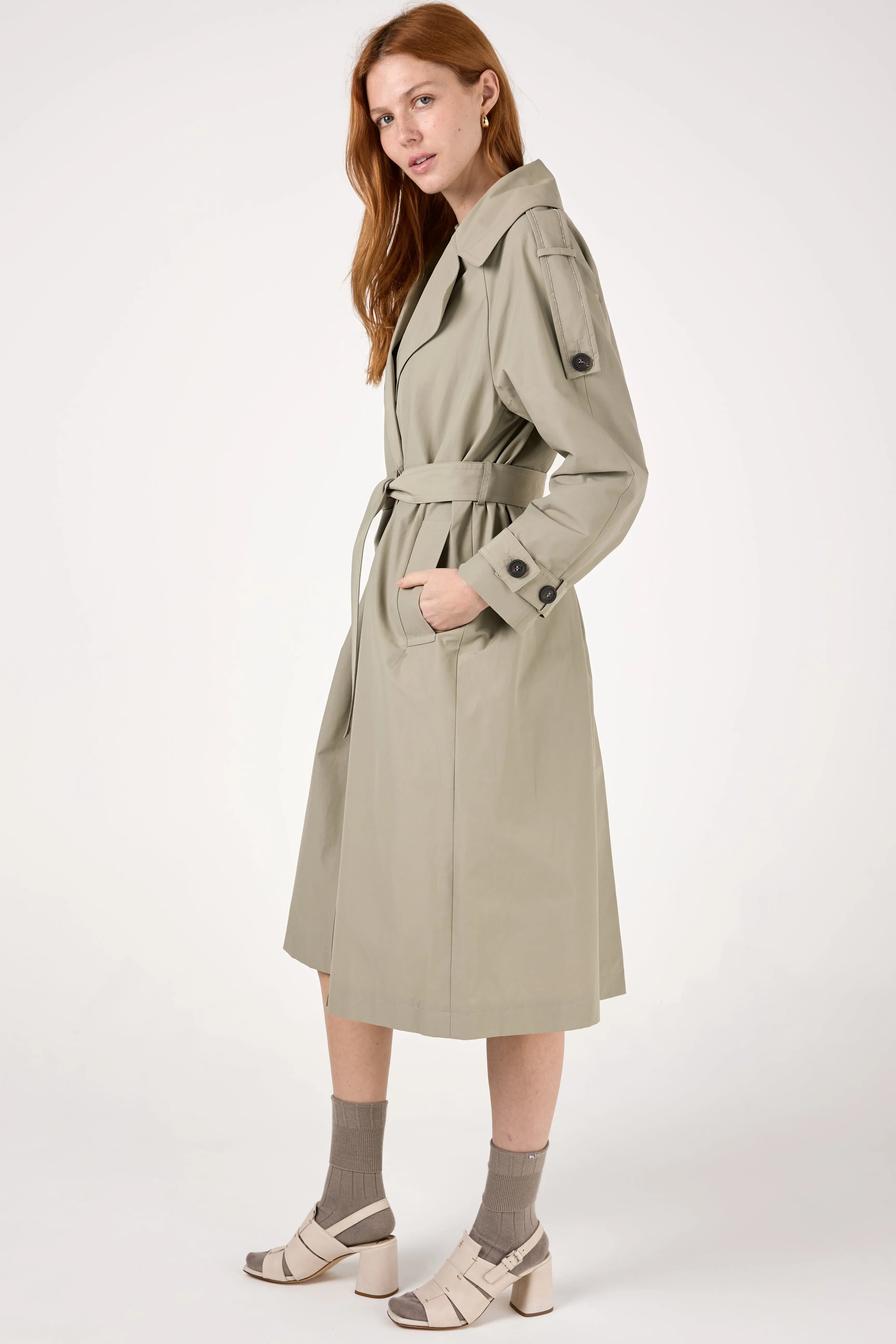 Technical Cotton Faille Trench Coat in Eucalyptus