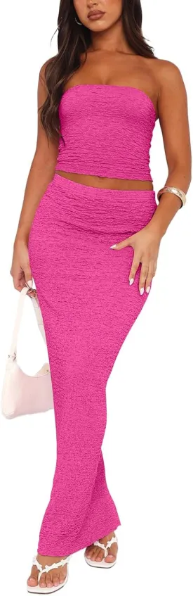 Two Piece Dress Outfits for Women Sleeveless Tube Tops Bodycon Maxi Dress Summer Strapless Crop Top Sexy Suits Set