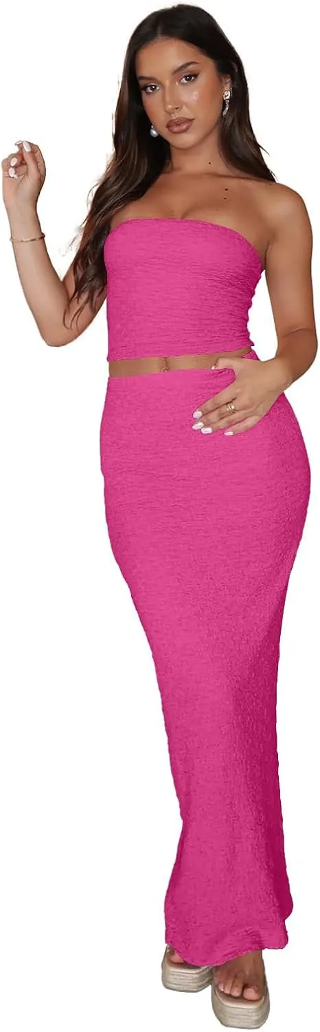Two Piece Dress Outfits for Women Sleeveless Tube Tops Bodycon Maxi Dress Summer Strapless Crop Top Sexy Suits Set