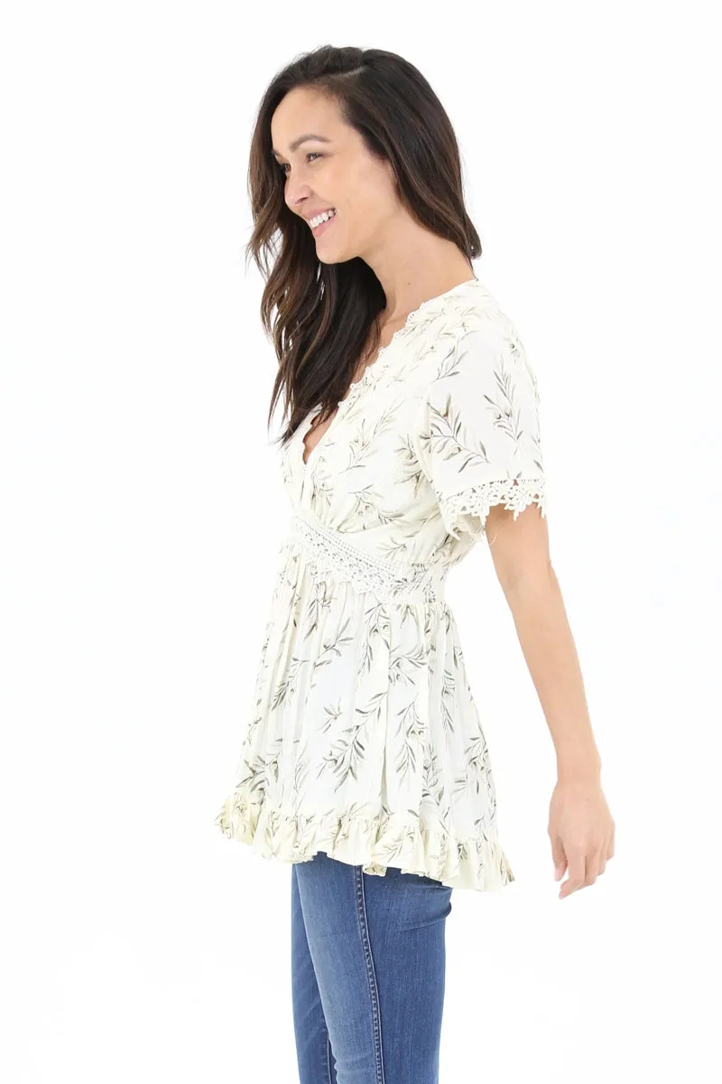 V Neck Babydoll Top w/ Crochet Lace Trim