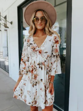 V Neck Floral Printed 3/4 Sleeves High Waist Boho Dress