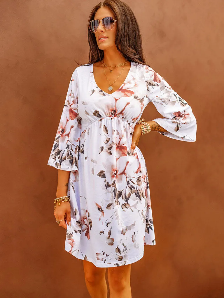 V Neck Floral Printed 3/4 Sleeves High Waist Boho Dress