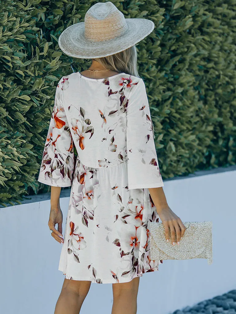 V Neck Floral Printed 3/4 Sleeves High Waist Boho Dress