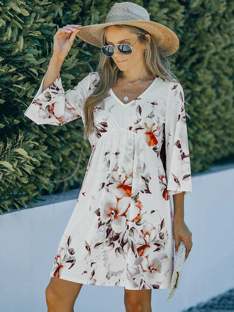 V Neck Floral Printed 3/4 Sleeves High Waist Boho Dress