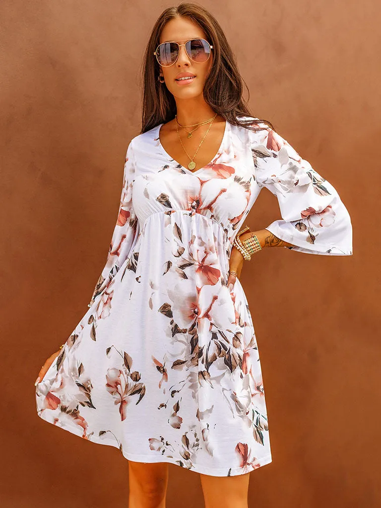 V Neck Floral Printed 3/4 Sleeves High Waist Boho Dress