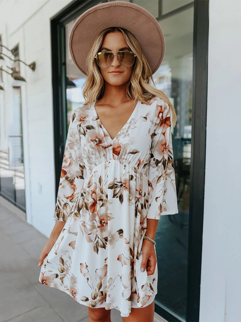V Neck Floral Printed 3/4 Sleeves High Waist Boho Dress