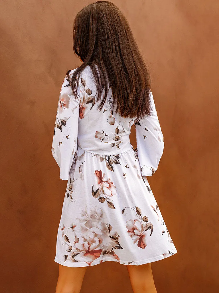 V Neck Floral Printed 3/4 Sleeves High Waist Boho Dress