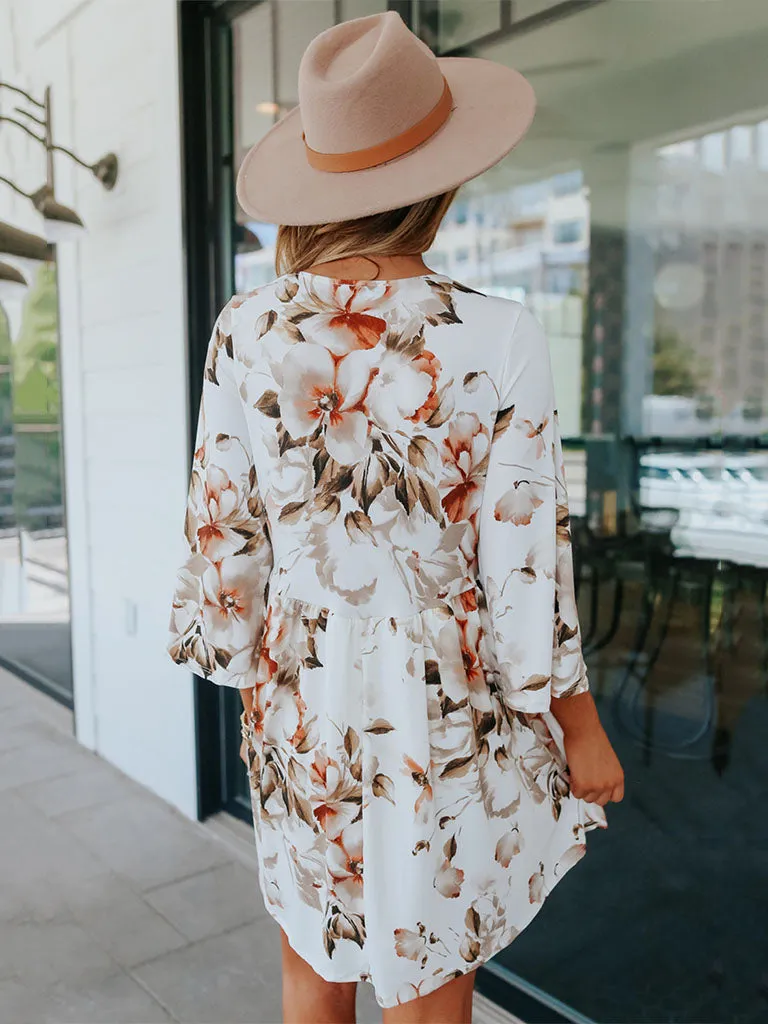 V Neck Floral Printed 3/4 Sleeves High Waist Boho Dress