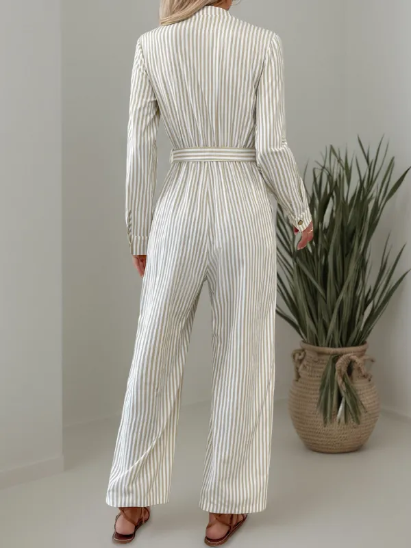 Vertical Stripe Belted Fall Jumpsuit