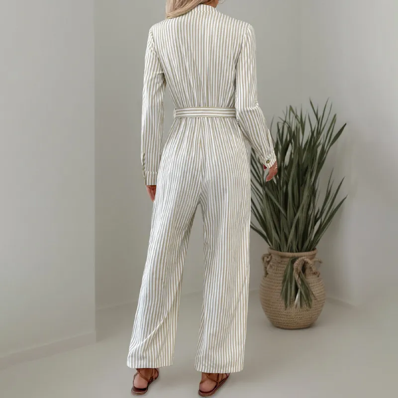 Vertical Stripe Belted Fall Jumpsuit