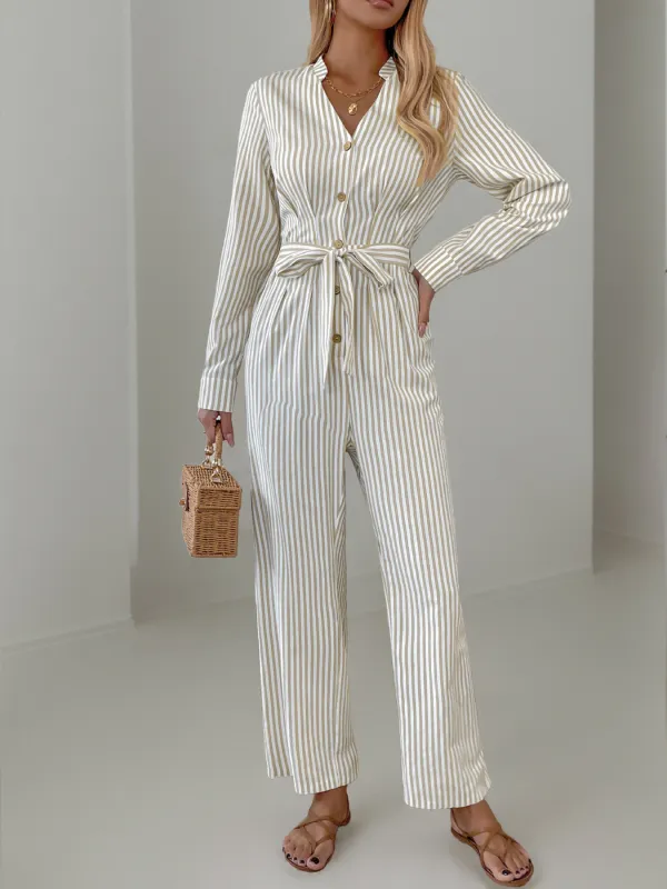 Vertical Stripe Belted Fall Jumpsuit