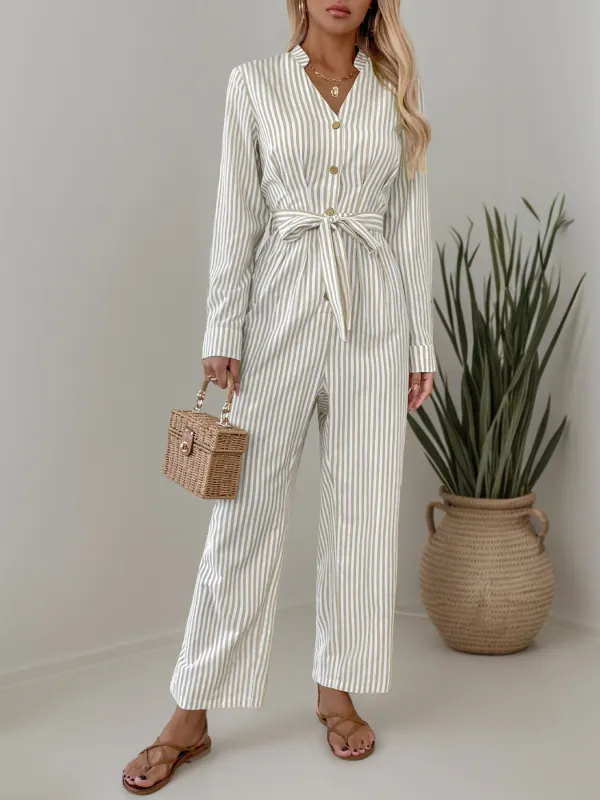 Vertical Stripe Belted Fall Jumpsuit