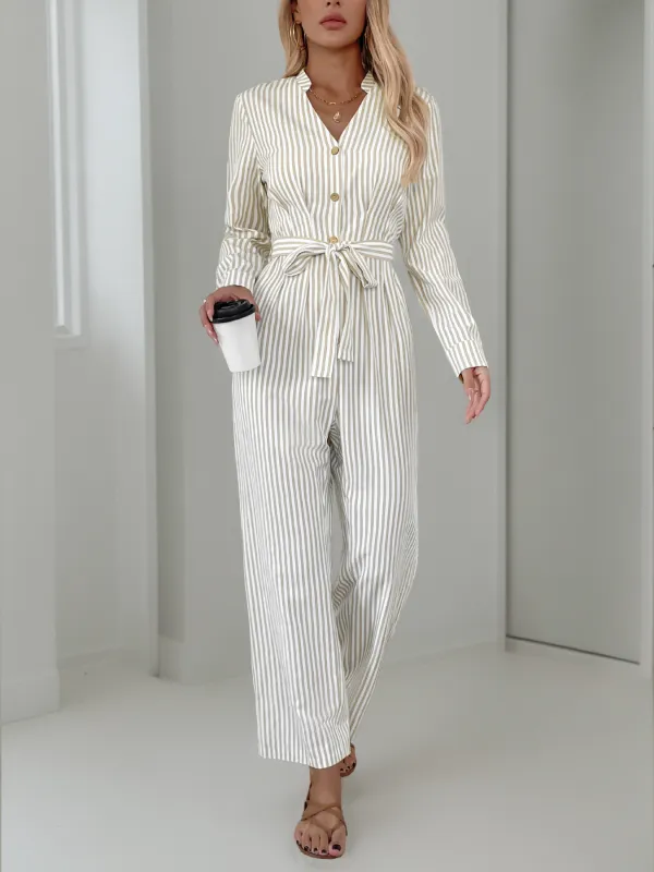 Vertical Stripe Belted Fall Jumpsuit