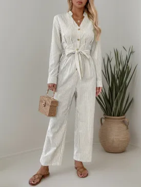 Vertical Stripe Belted Fall Jumpsuit