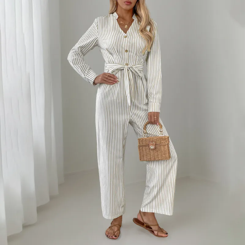 Vertical Stripe Belted Fall Jumpsuit