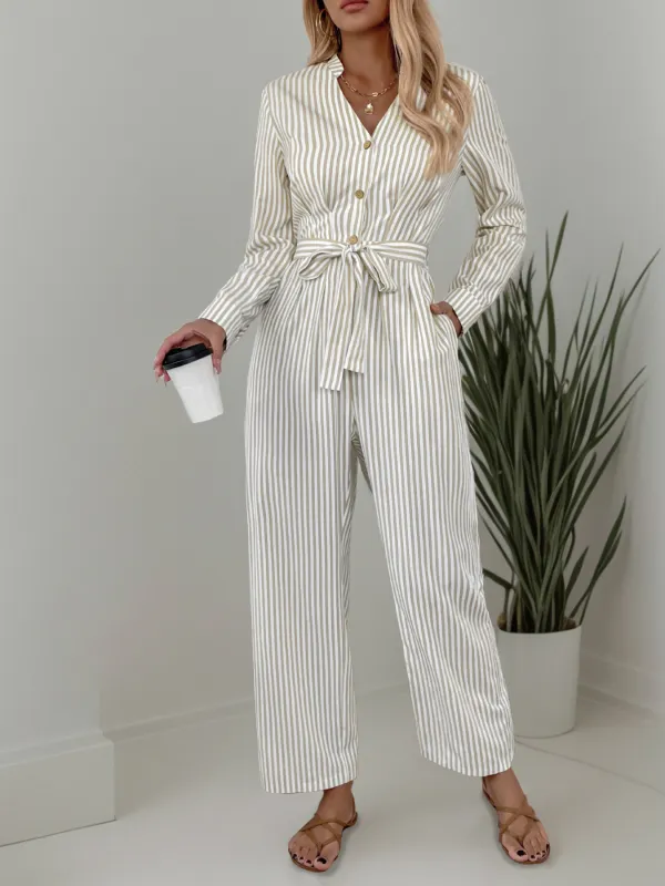 Vertical Stripe Belted Fall Jumpsuit