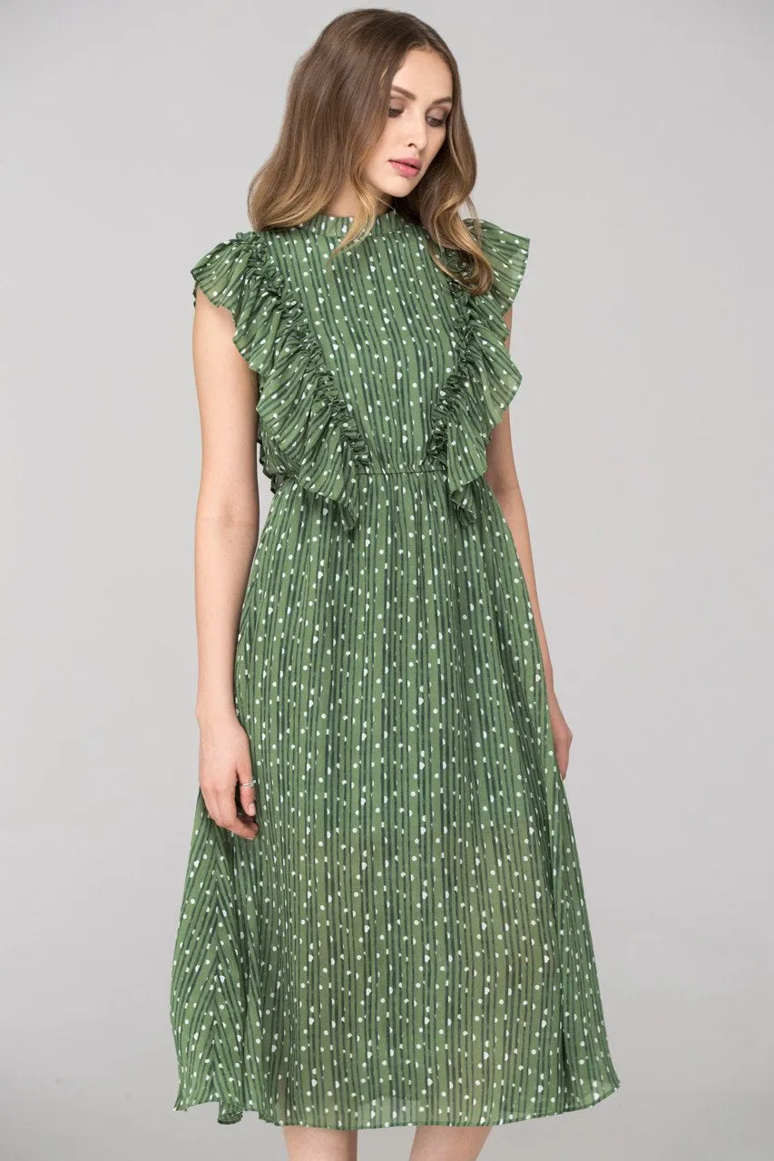 Vintage Olive Ruffled Midi Dress