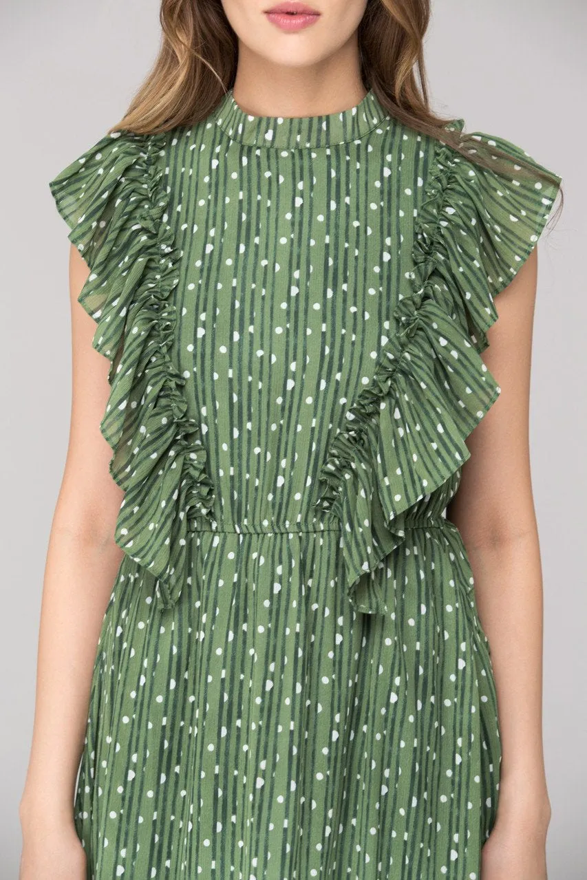 Vintage Olive Ruffled Midi Dress