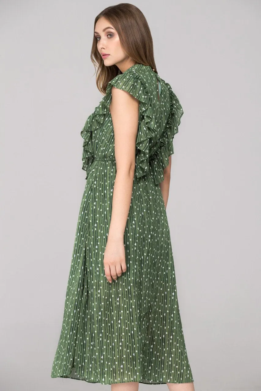 Vintage Olive Ruffled Midi Dress
