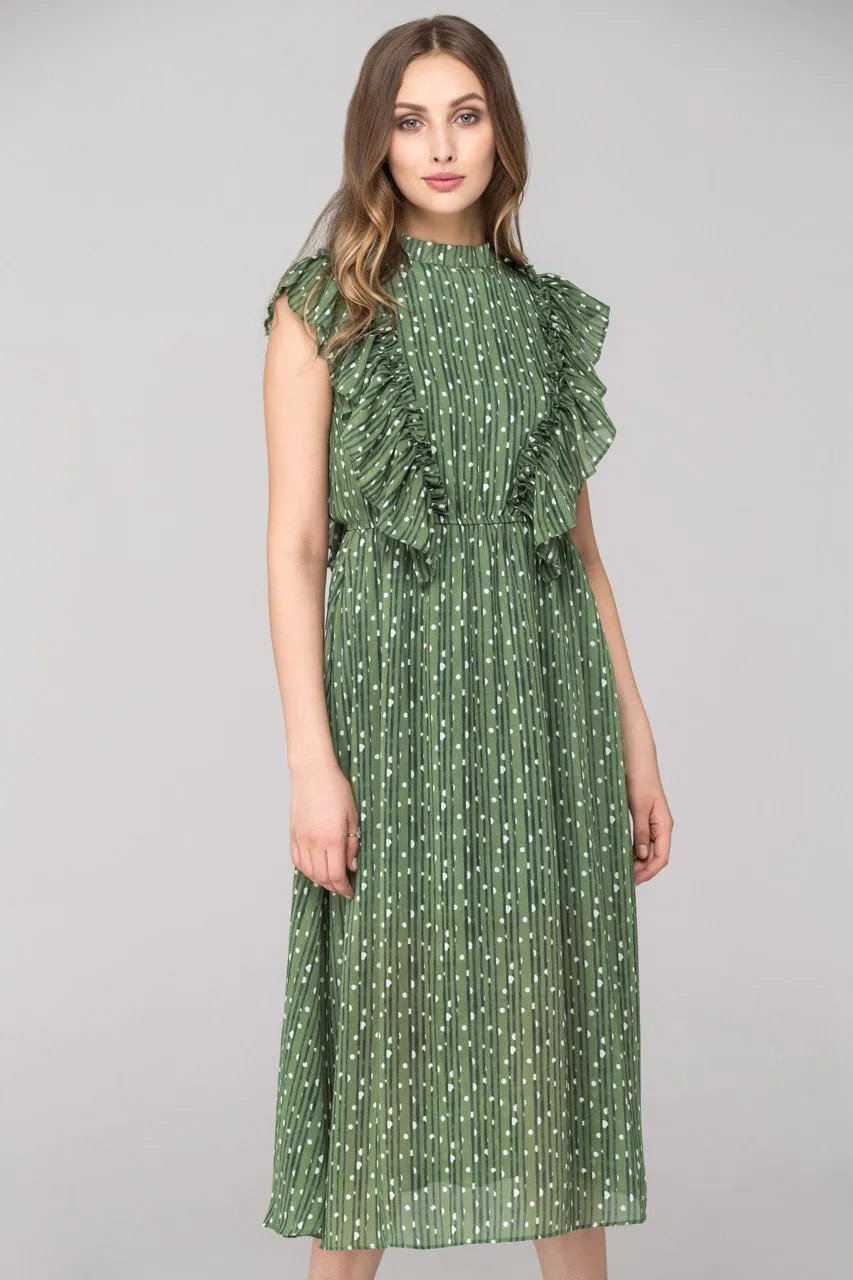 Vintage Olive Ruffled Midi Dress