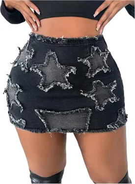 WDIRARA Women's Plus Size Y2k Star Patch High Waist Denim Skirt Distressed Bodycon Mini Skirts