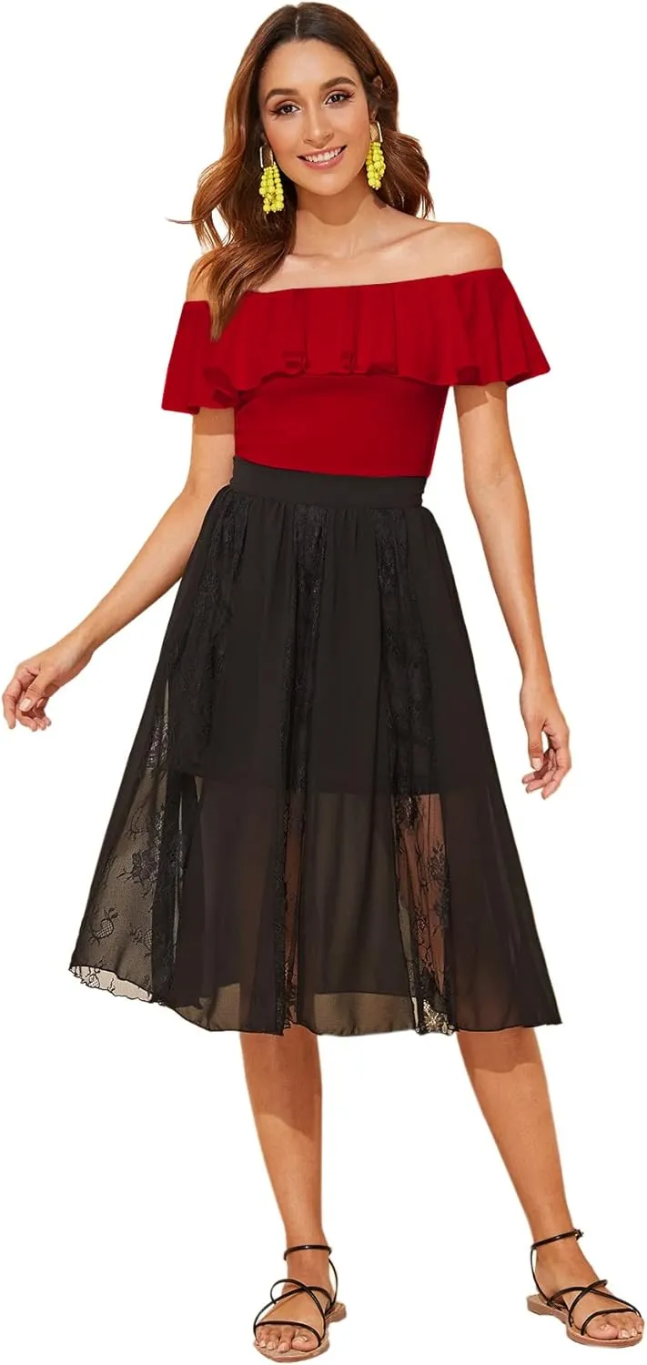 WDIRARA Women's Stretchy Off Shoulder Flounce Sleeve Sexy Slim Blouse Tops Shirt