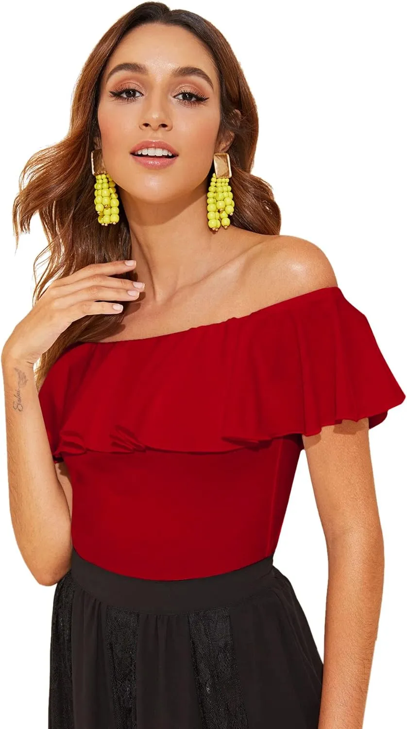 WDIRARA Women's Stretchy Off Shoulder Flounce Sleeve Sexy Slim Blouse Tops Shirt