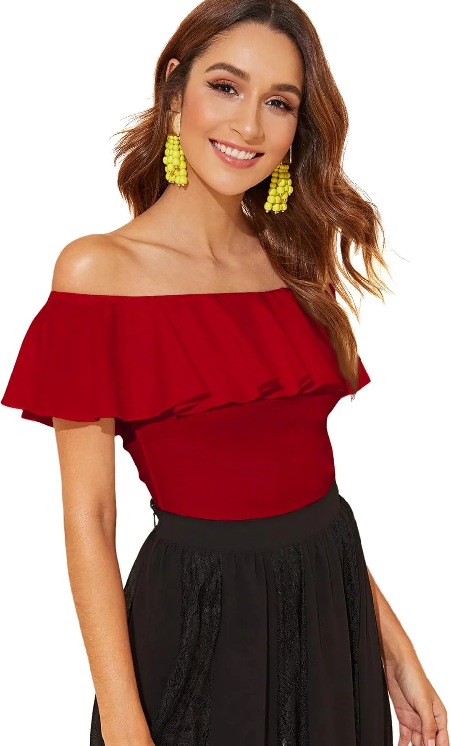 WDIRARA Women's Stretchy Off Shoulder Flounce Sleeve Sexy Slim Blouse Tops Shirt