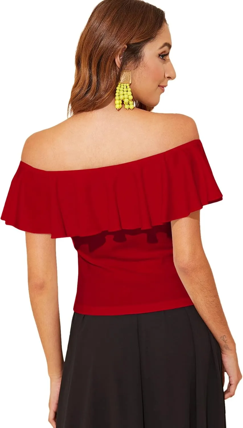 WDIRARA Women's Stretchy Off Shoulder Flounce Sleeve Sexy Slim Blouse Tops Shirt