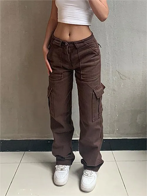 Wenkouban-Brown baggy cargo jeans with a vintage wash- Streetwear y2k outfits Fall Outfits Christmas Thanksgiving Gift New Year's Eve