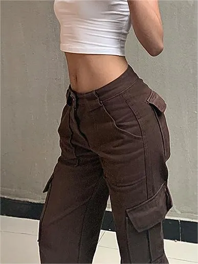 Wenkouban-Brown baggy cargo jeans with a vintage wash- Streetwear y2k outfits Fall Outfits Christmas Thanksgiving Gift New Year's Eve