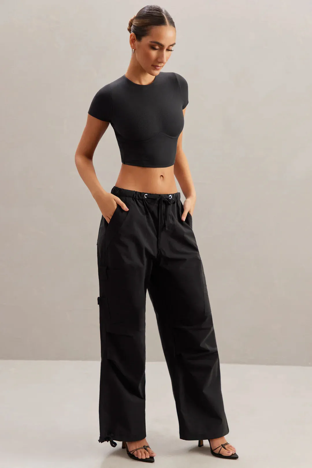 Wide Leg Cargo Trousers in Black
