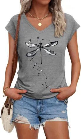 Womens Cap Sleeve Vintage Flowers V Neck Shirt Boho Floral Wildflowers Graphic Tees Funny Cottagecore Tops