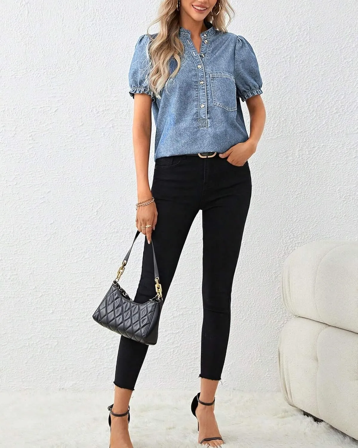 Womens Denim Shirt Casual Button Down V Neck Blouses Puff Short Sleeve Summer Jean Tops