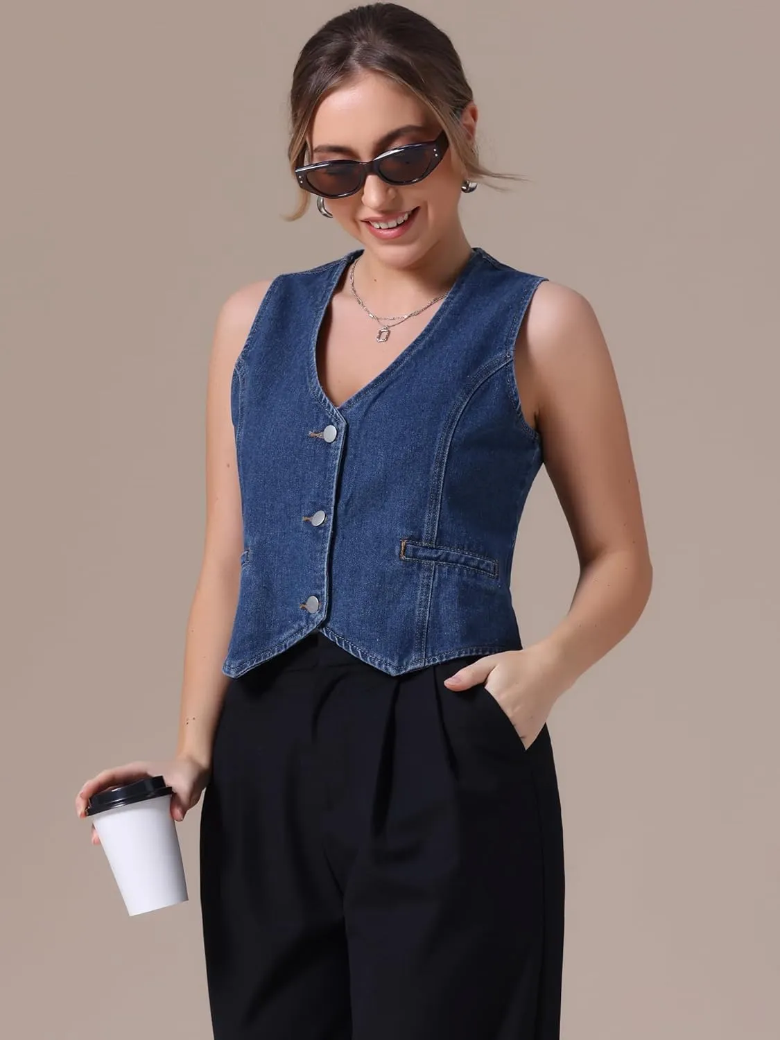 Women's Denim Vest V Neck Button Down Sleeveless Waistcoat Vest Top Western Outfits Casual Jean Vests