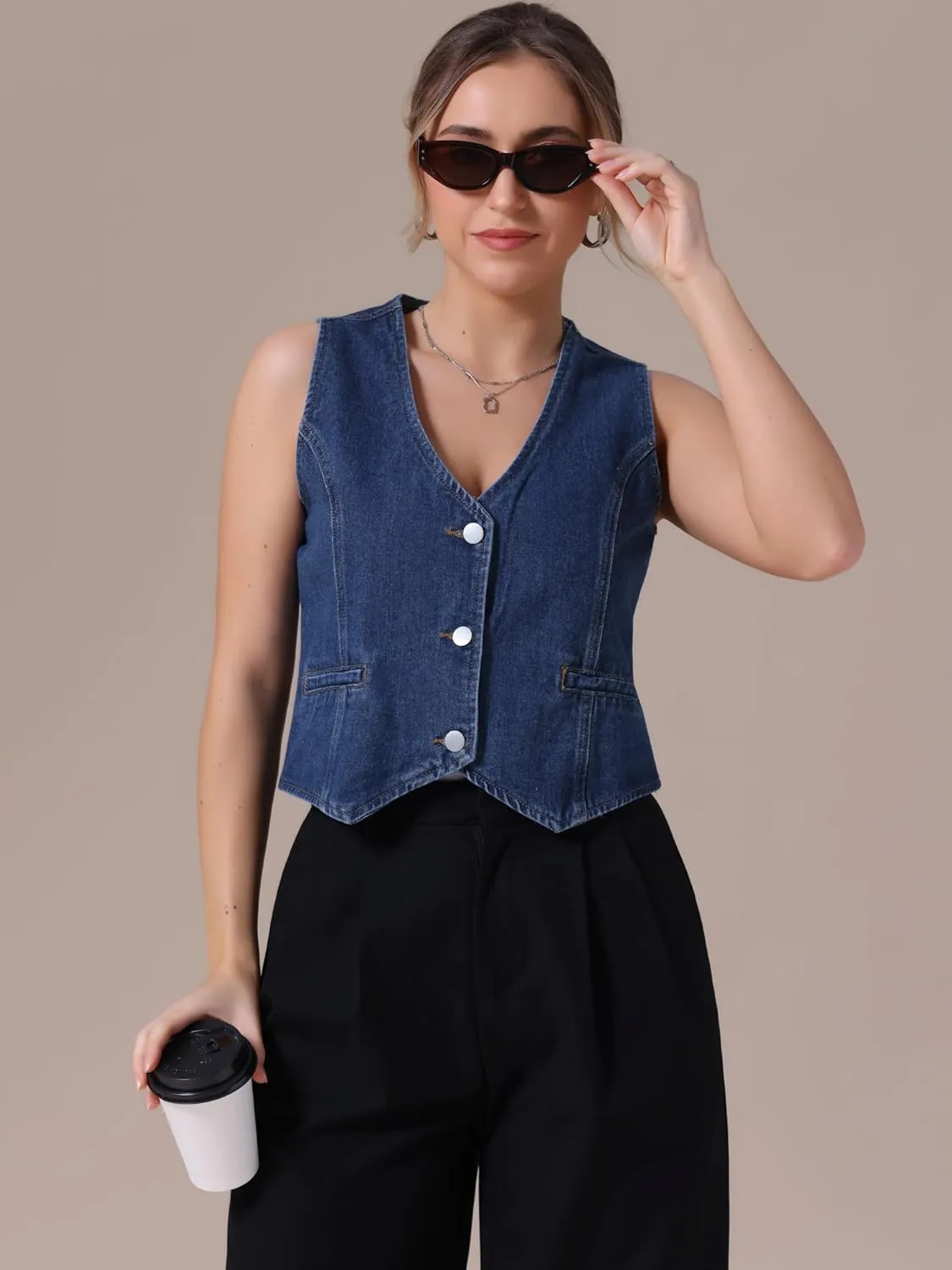 Women's Denim Vest V Neck Button Down Sleeveless Waistcoat Vest Top Western Outfits Casual Jean Vests