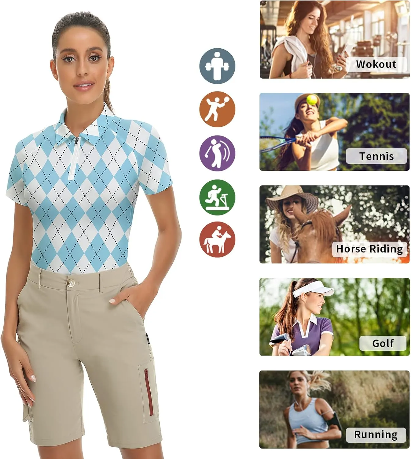 Women's Golf Shirt Short Sleeve Tennis Shirt Quarter Zip Golf Pullover Golf Polo Shirts Argyle Tops