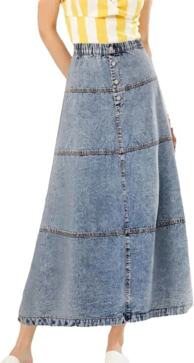 Womens High Waisted Denim Mini Skirt with Frayed Hem and Button Closure Distressed Mid-Calf Skirt