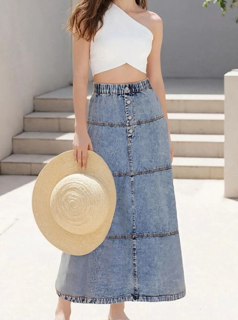 Womens High Waisted Denim Mini Skirt with Frayed Hem and Button Closure Distressed Mid-Calf Skirt