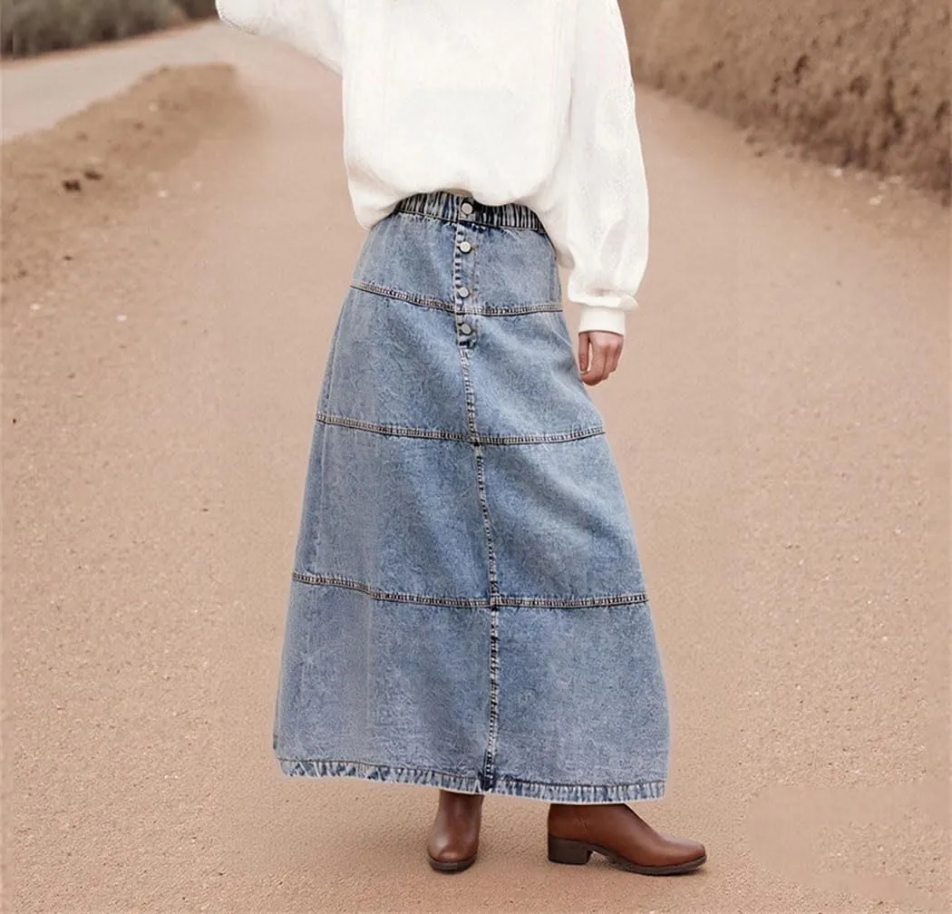 Womens High Waisted Denim Mini Skirt with Frayed Hem and Button Closure Distressed Mid-Calf Skirt