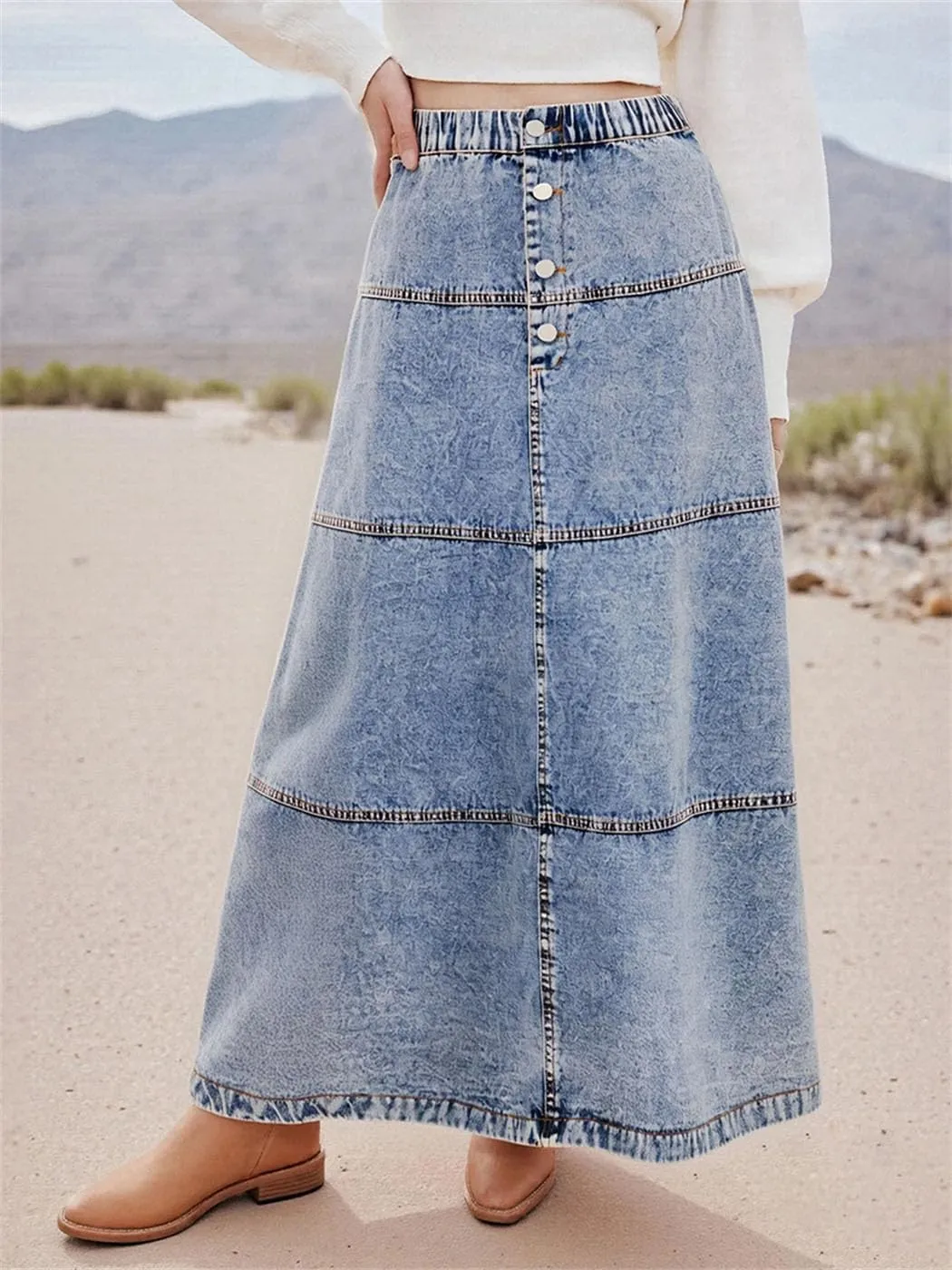 Womens High Waisted Denim Mini Skirt with Frayed Hem and Button Closure Distressed Mid-Calf Skirt