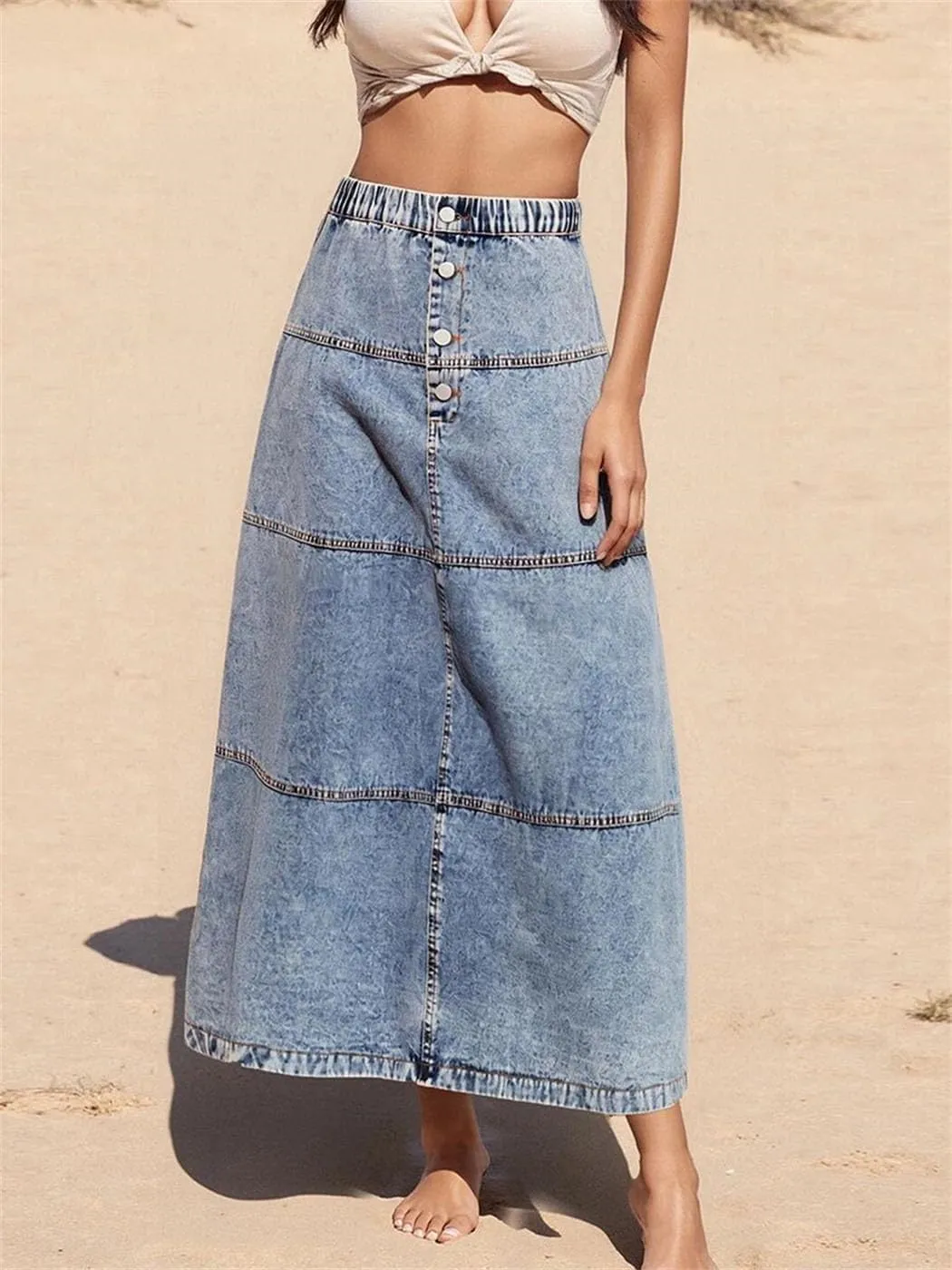 Womens High Waisted Denim Mini Skirt with Frayed Hem and Button Closure Distressed Mid-Calf Skirt