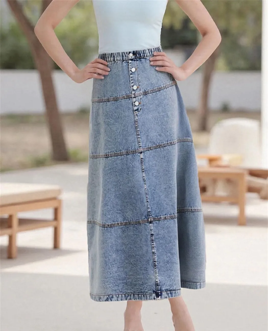 Womens High Waisted Denim Mini Skirt with Frayed Hem and Button Closure Distressed Mid-Calf Skirt