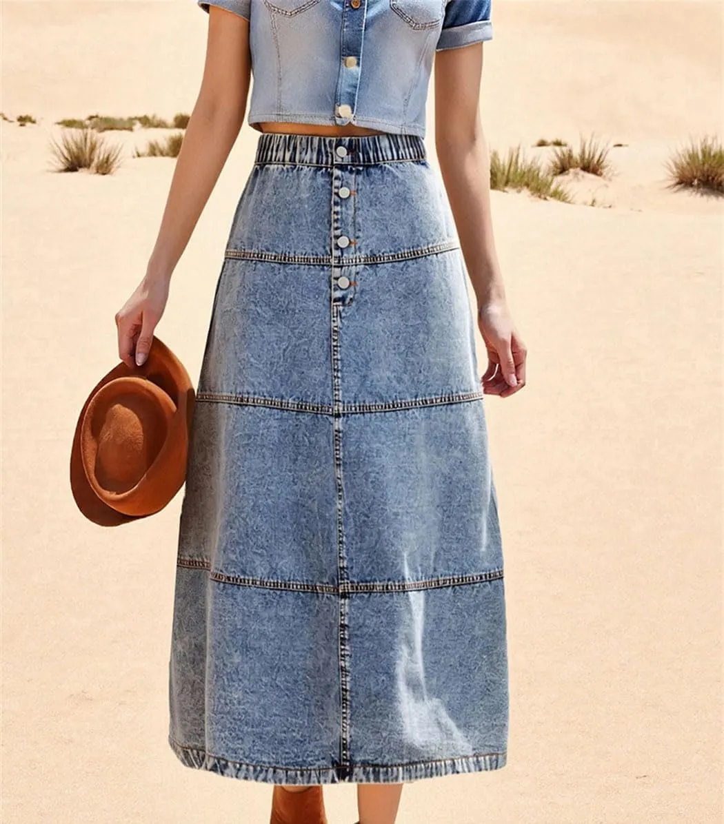 Womens High Waisted Denim Mini Skirt with Frayed Hem and Button Closure Distressed Mid-Calf Skirt