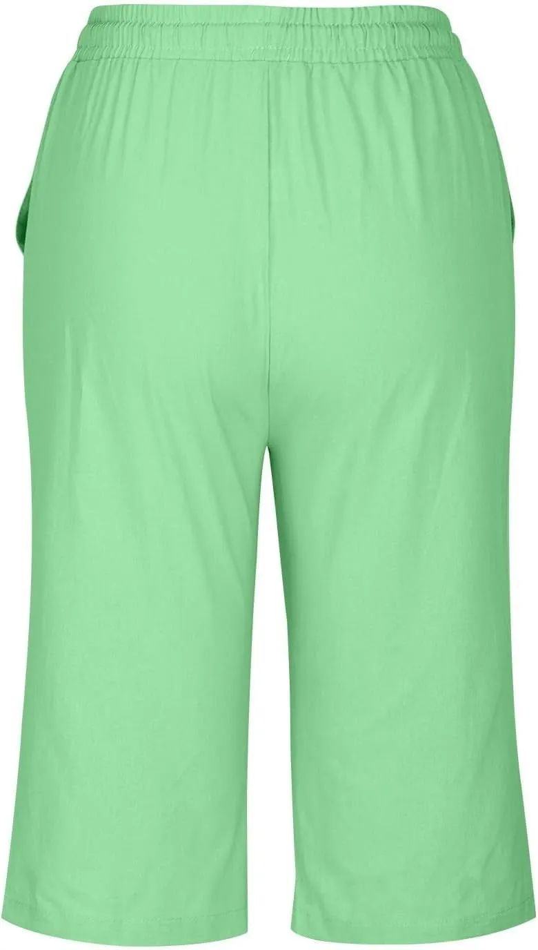 Womens Knee Length Shorts Linen Beach Capri Shorts with Pockets Summer Casual Elastic Wiast Drawstring Bermuda Pants