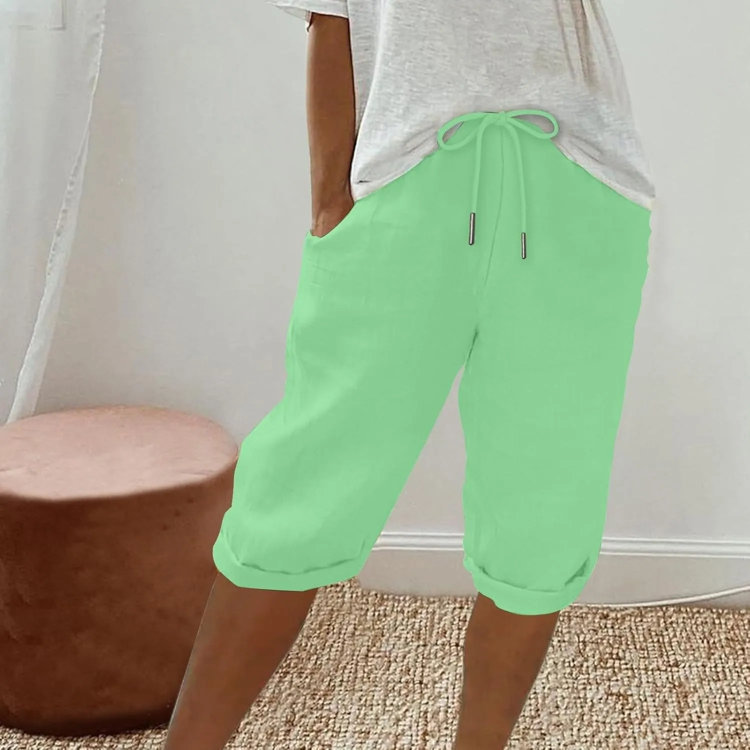 Womens Knee Length Shorts Linen Beach Capri Shorts with Pockets Summer Casual Elastic Wiast Drawstring Bermuda Pants