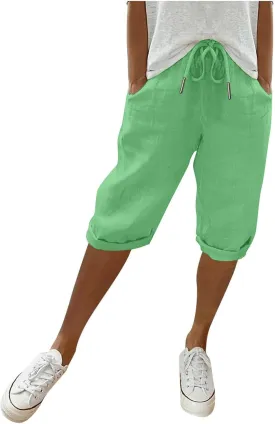 Womens Knee Length Shorts Linen Beach Capri Shorts with Pockets Summer Casual Elastic Wiast Drawstring Bermuda Pants