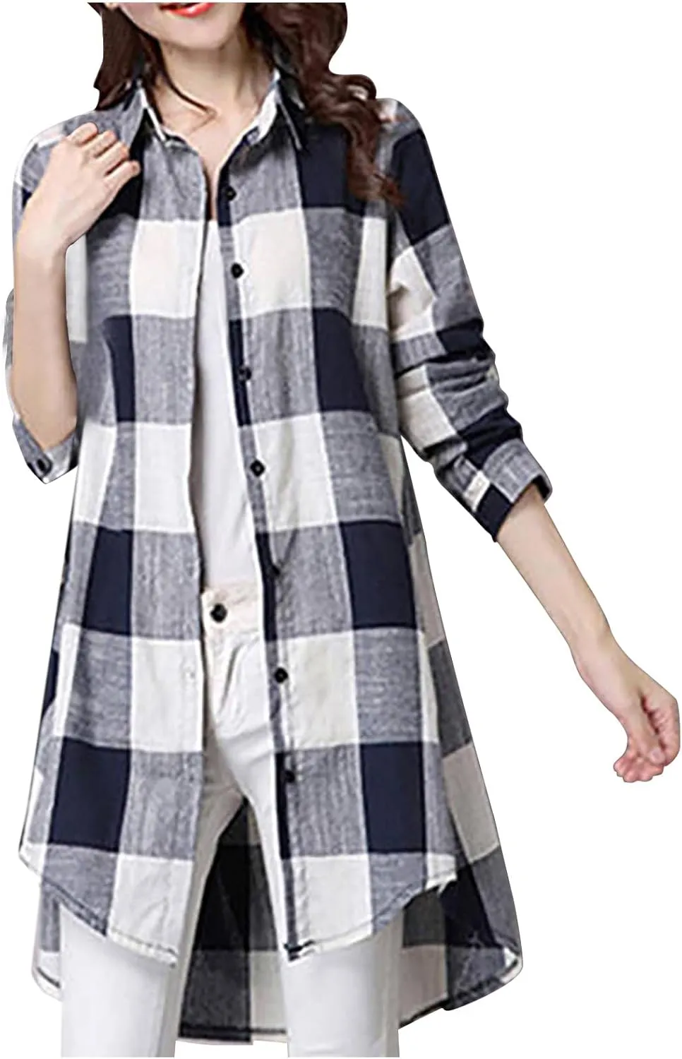 Womens Oversized Button Down Plaid Shacket Shirt with Pockets Roll Up Long Sleeve Casual Boyfriend Tunic Blouse Top