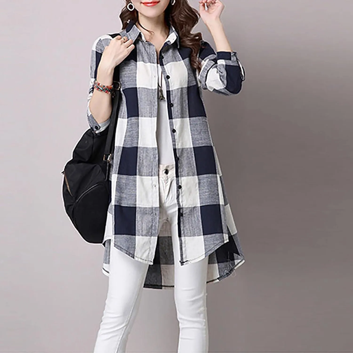 Womens Oversized Button Down Plaid Shacket Shirt with Pockets Roll Up Long Sleeve Casual Boyfriend Tunic Blouse Top