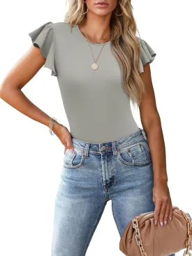 Women's Ruffle Short Sleeve Summer Tops Casual Slim Fit Ribbed Knit Tank Blouses 2025 Trendy Going Out T Shirts